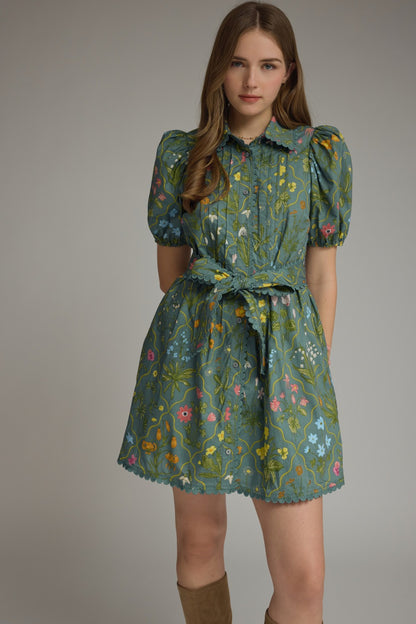 Entro Floral Scallop Trim Mini Dress - Teal Green