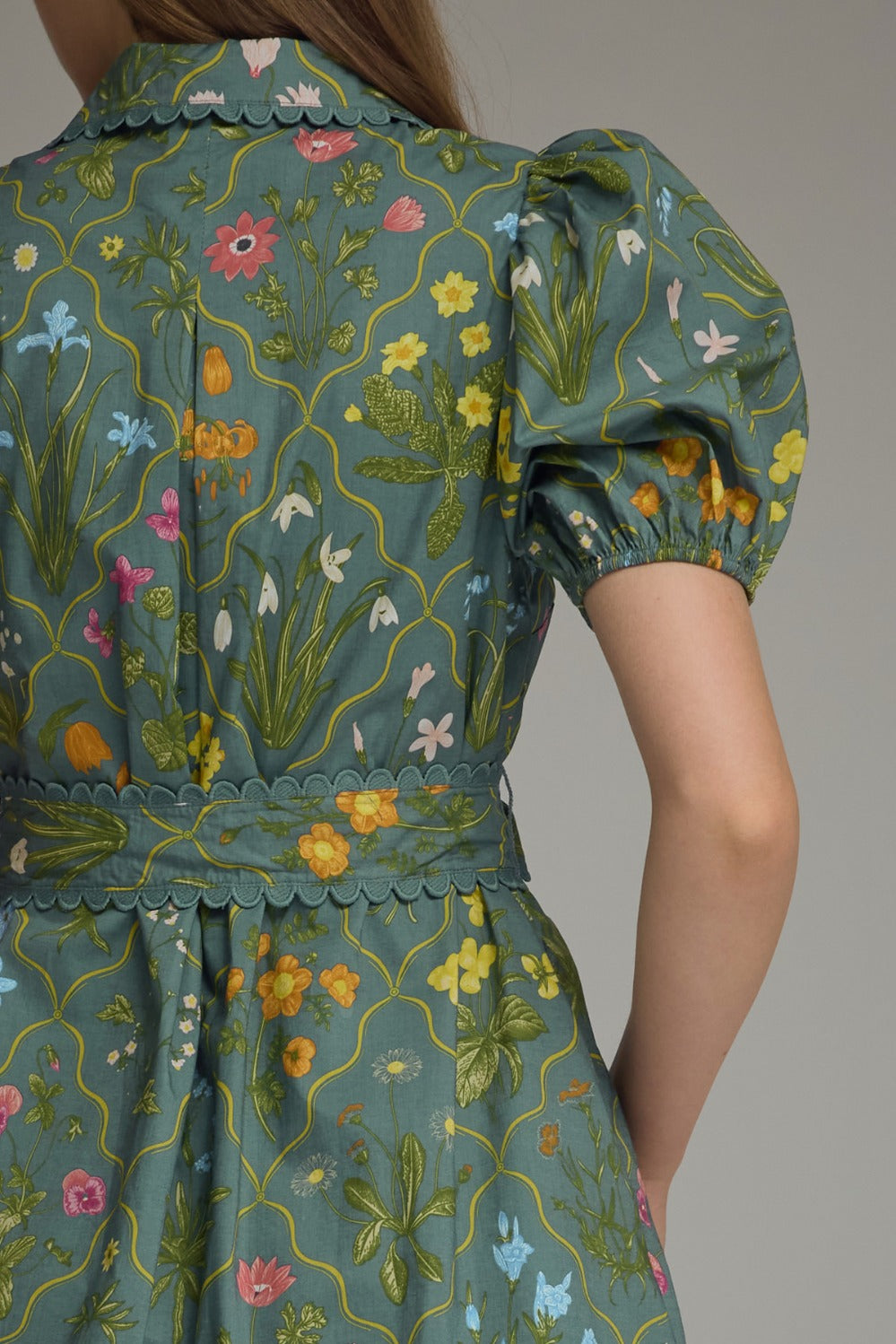 Entro Floral Scallop Trim Mini Dress - Teal Green