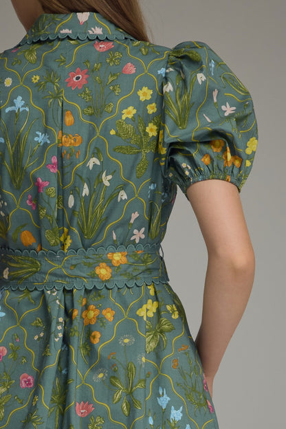 Entro Floral Scallop Trim Mini Dress - Teal Green