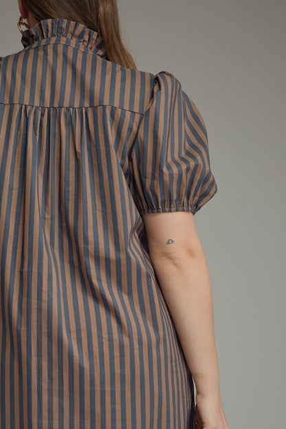 Entro Curvy Stripe Ruffle Neck Puff Sleeve Midi Dress in Navy Brown