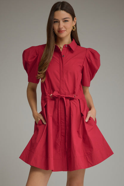 Entro Puff Sleeve Tie Waist Pleated Mini Dress in Scarlet