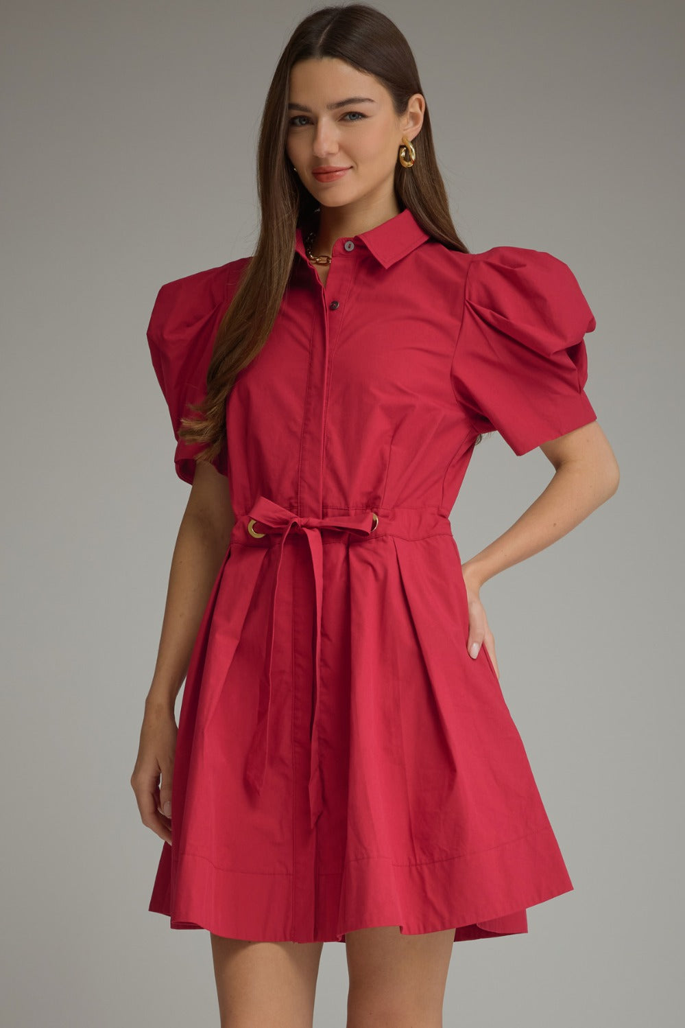 Entro Puff Sleeve Tie Waist Pleated Mini Dress in Scarlet