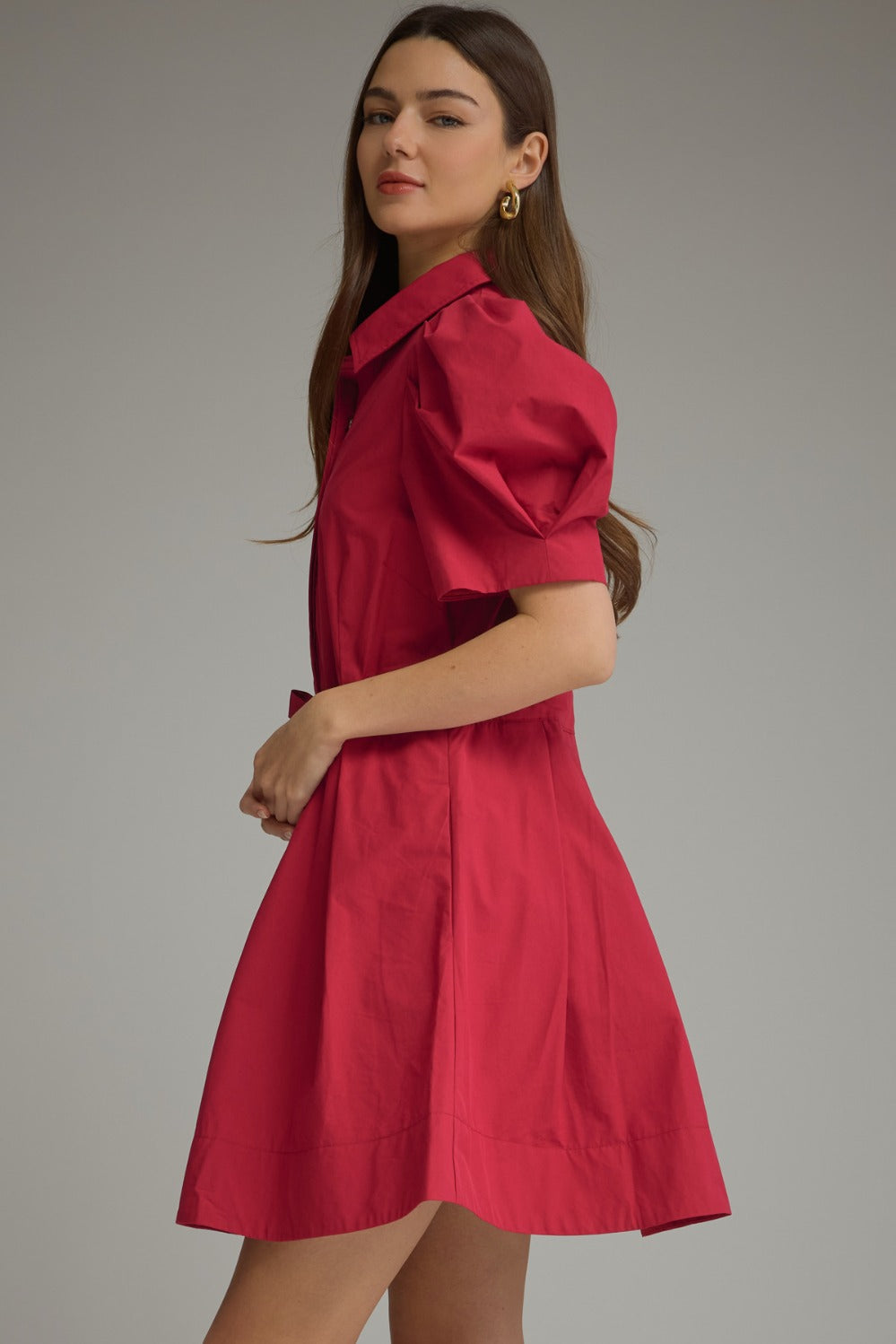 Entro Puff Sleeve Tie Waist Pleated Mini Dress in Scarlet