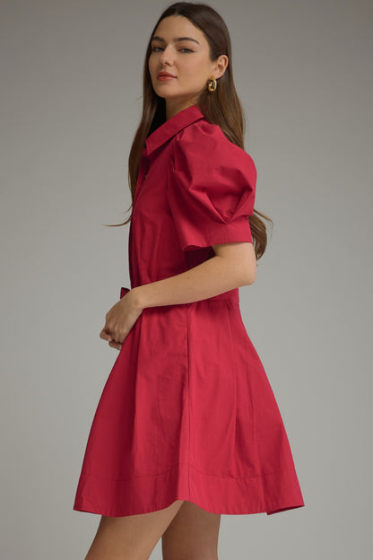 Entro Puff Sleeve Tie Waist Pleated Mini Dress in Scarlet