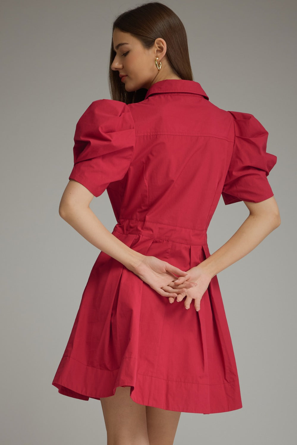 Entro Puff Sleeve Tie Waist Pleated Mini Dress in Scarlet