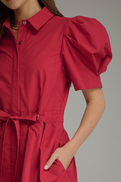 Entro Puff Sleeve Tie Waist Pleated Mini Dress in Scarlet