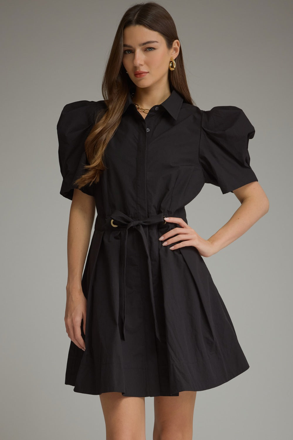 Entro Puff Sleeve Tie Waist Pleated Mini Dress in Black