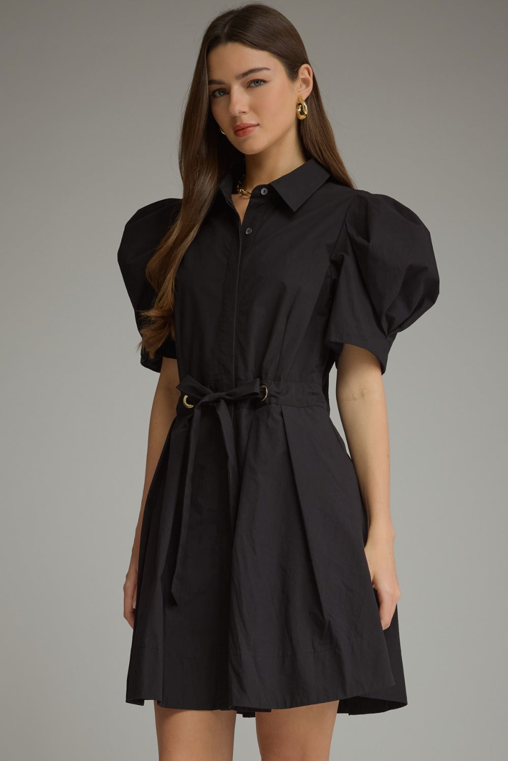 Entro Puff Sleeve Tie Waist Pleated Mini Dress in Black