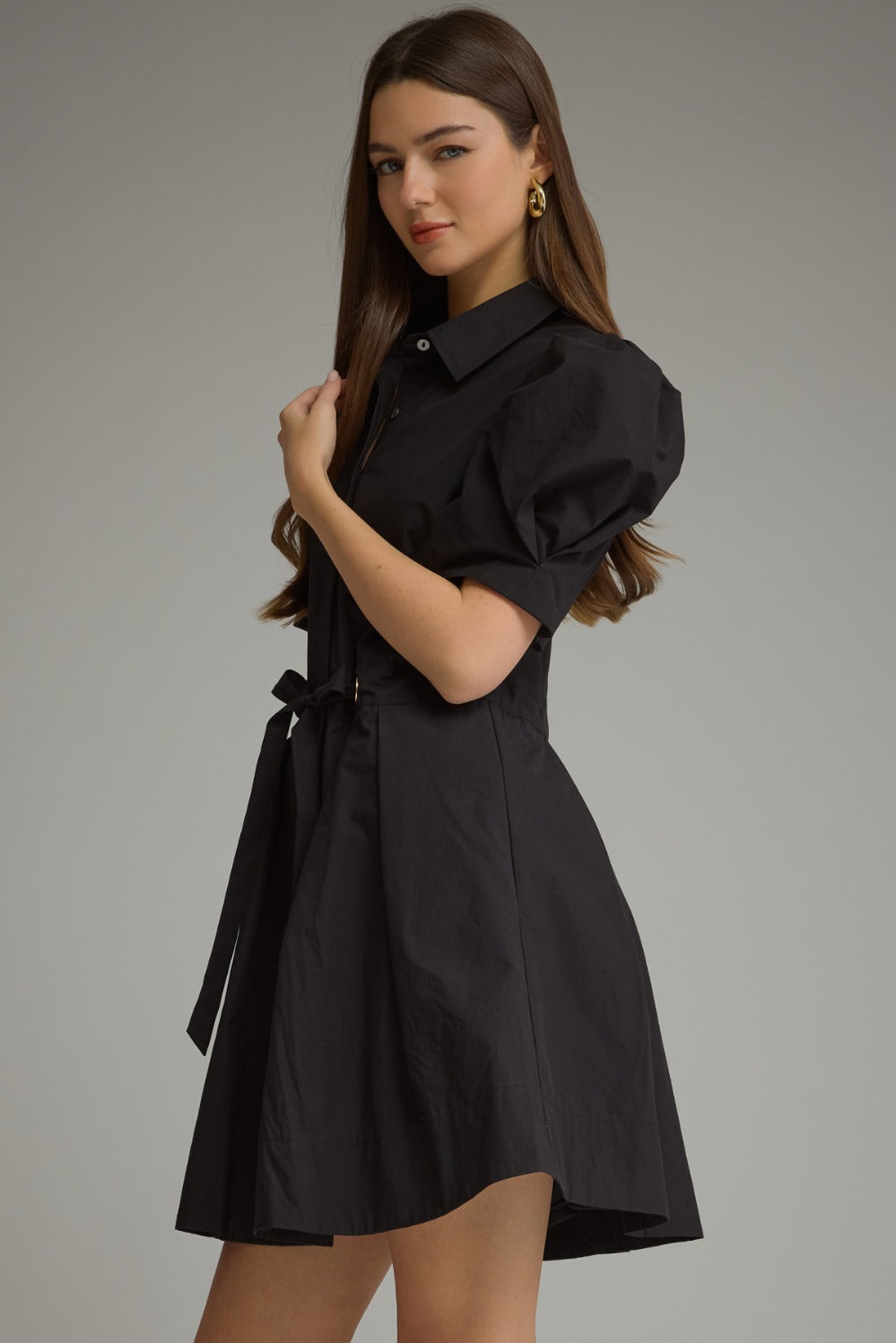 Entro Puff Sleeve Tie Waist Pleated Mini Dress in Black