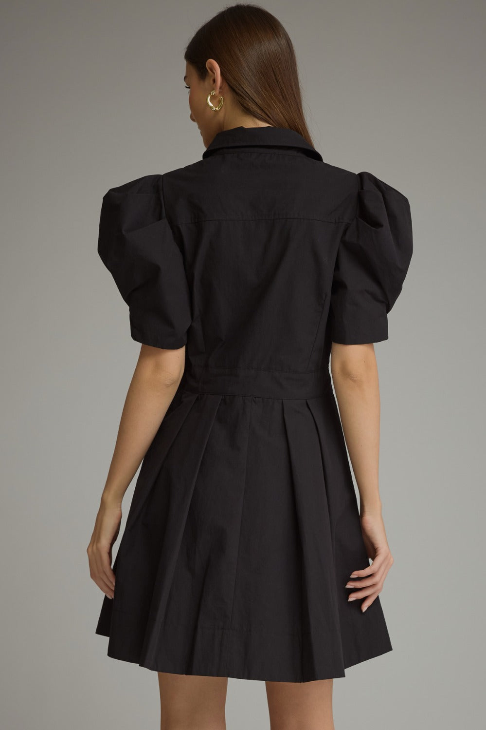 Entro Puff Sleeve Tie Waist Pleated Mini Dress in Black