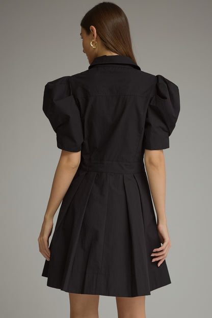 Entro Puff Sleeve Tie Waist Pleated Mini Dress in Black