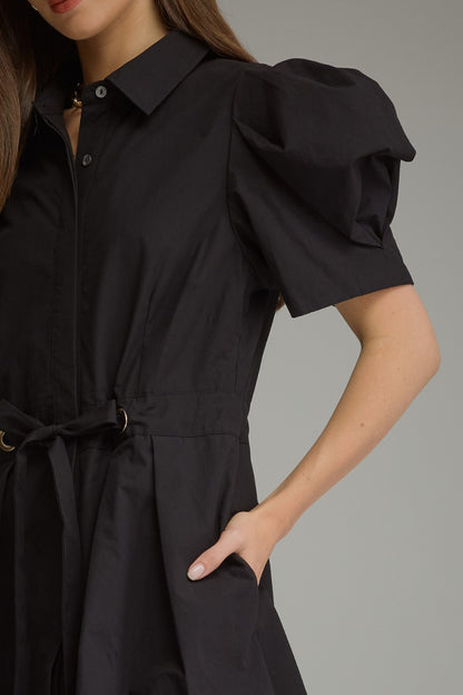 Entro Puff Sleeve Tie Waist Pleated Mini Dress in Black