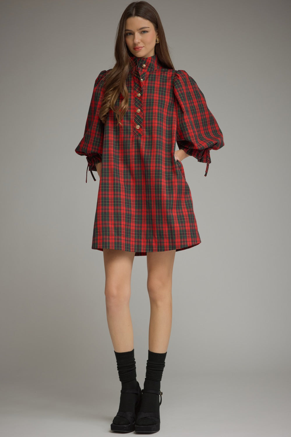 Entro Plaid Balloon Sleeve Mini Dress in Red, close up