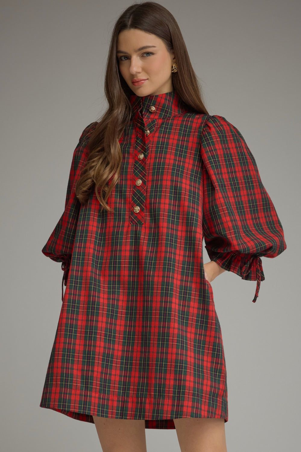 Entro Plaid Balloon Sleeve Mini Dress in Red
