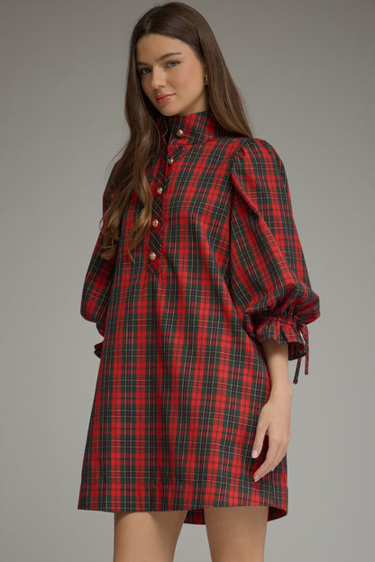 Entro Plaid Balloon Sleeve Mini Dress in Red, side view
