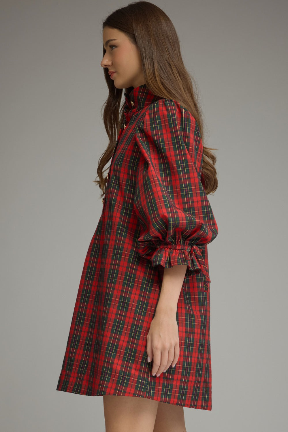 Entro Plaid Balloon Sleeve Mini Dress in Red, back view