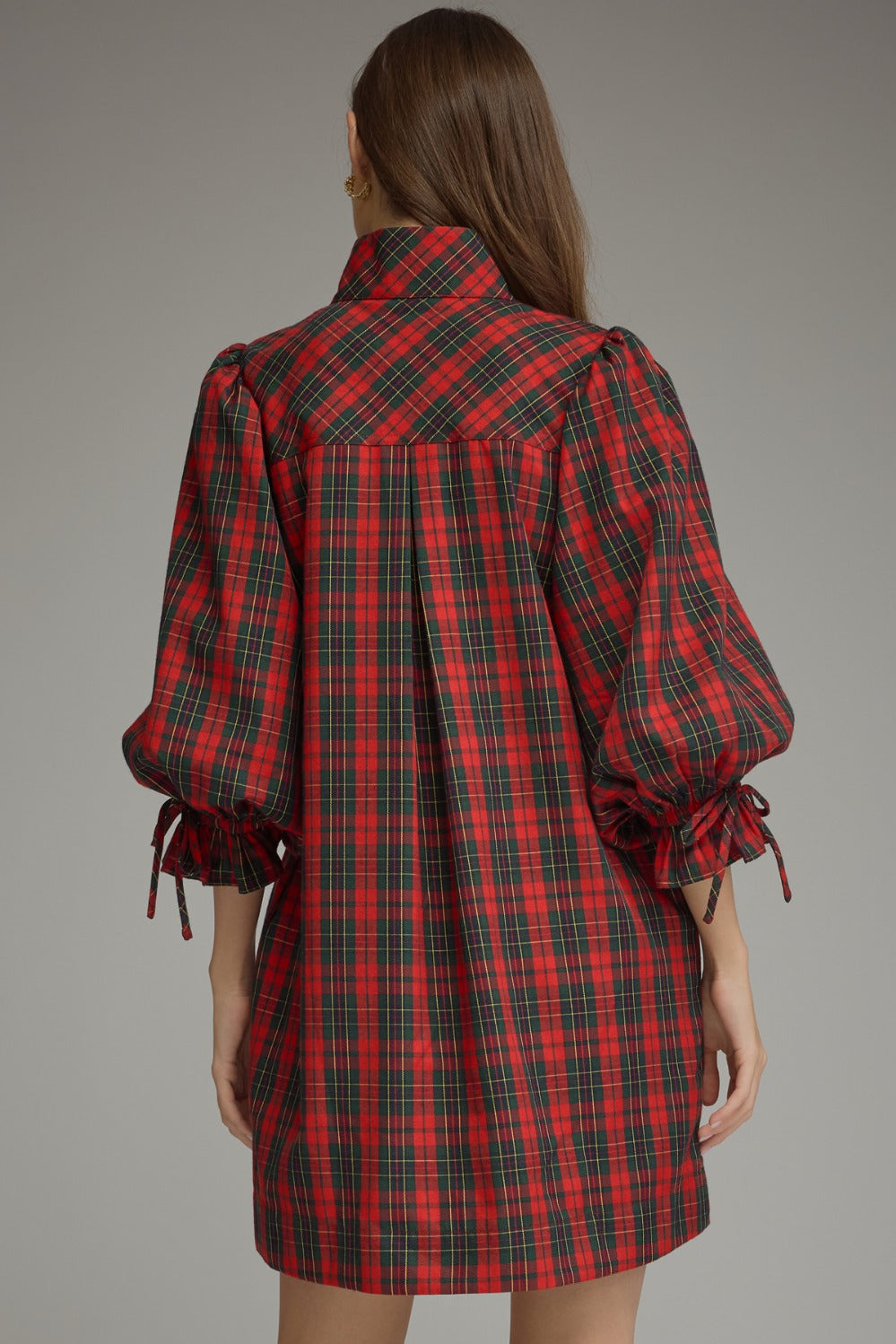 Entro Plaid Balloon Sleeve Mini Dress in Red, detail