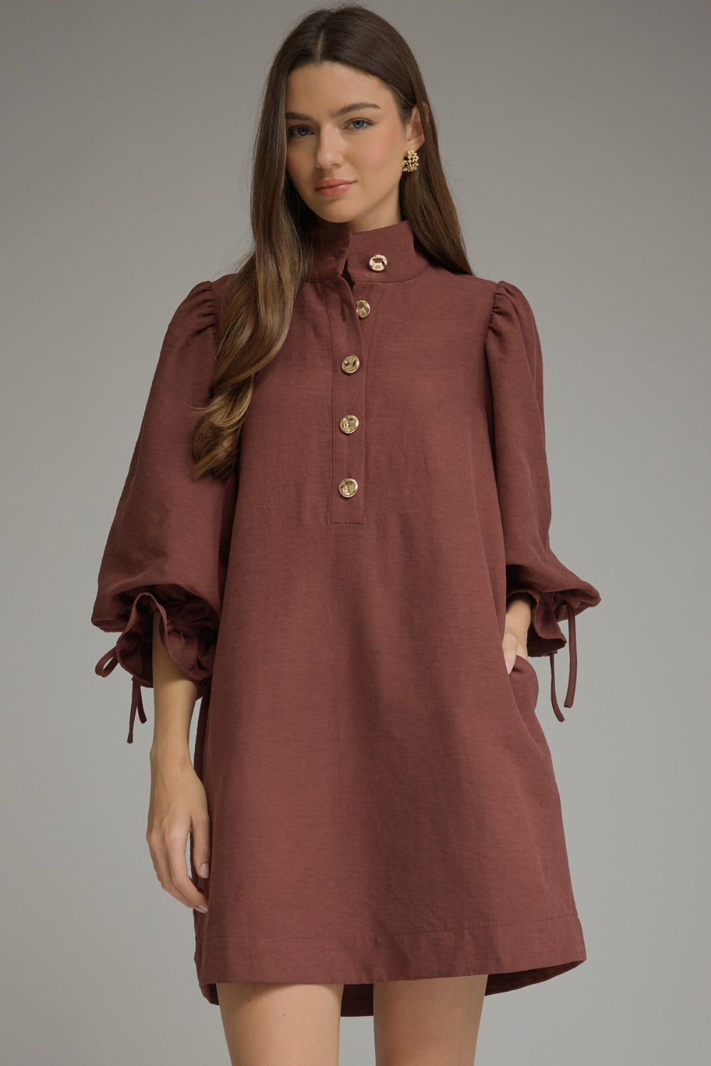 Entro Balloon Sleeve Stand Neck Button Front Mini Dress in Merlot