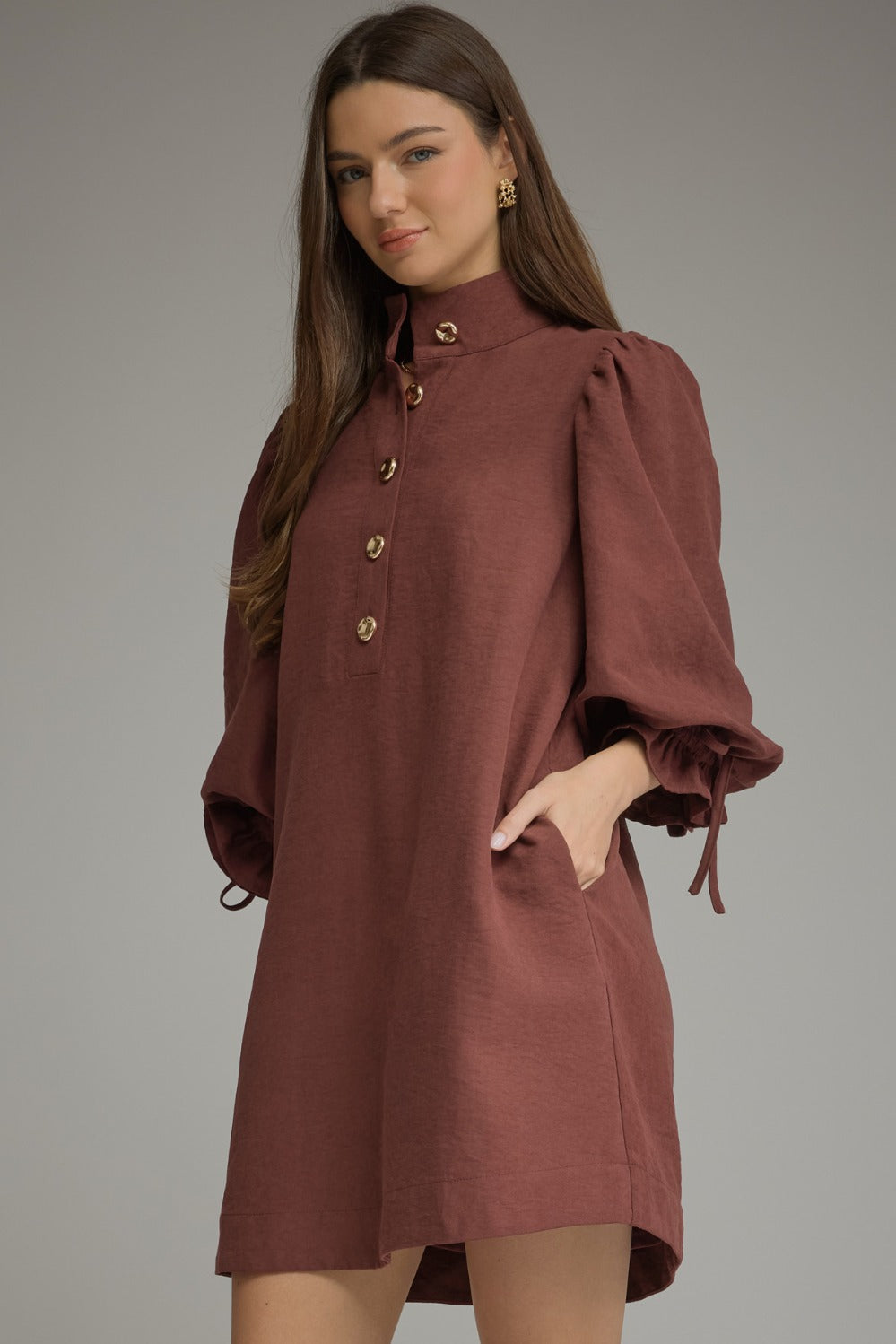 Entro Balloon Sleeve Stand Neck Button Front Mini Dress in Merlot