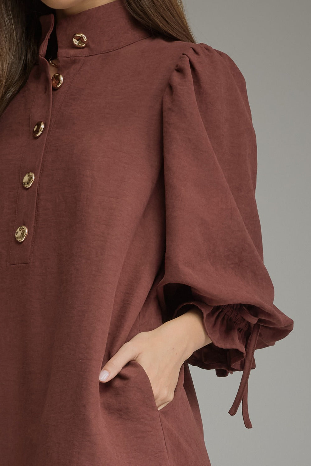 Entro Balloon Sleeve Stand Neck Button Front Mini Dress in Merlot