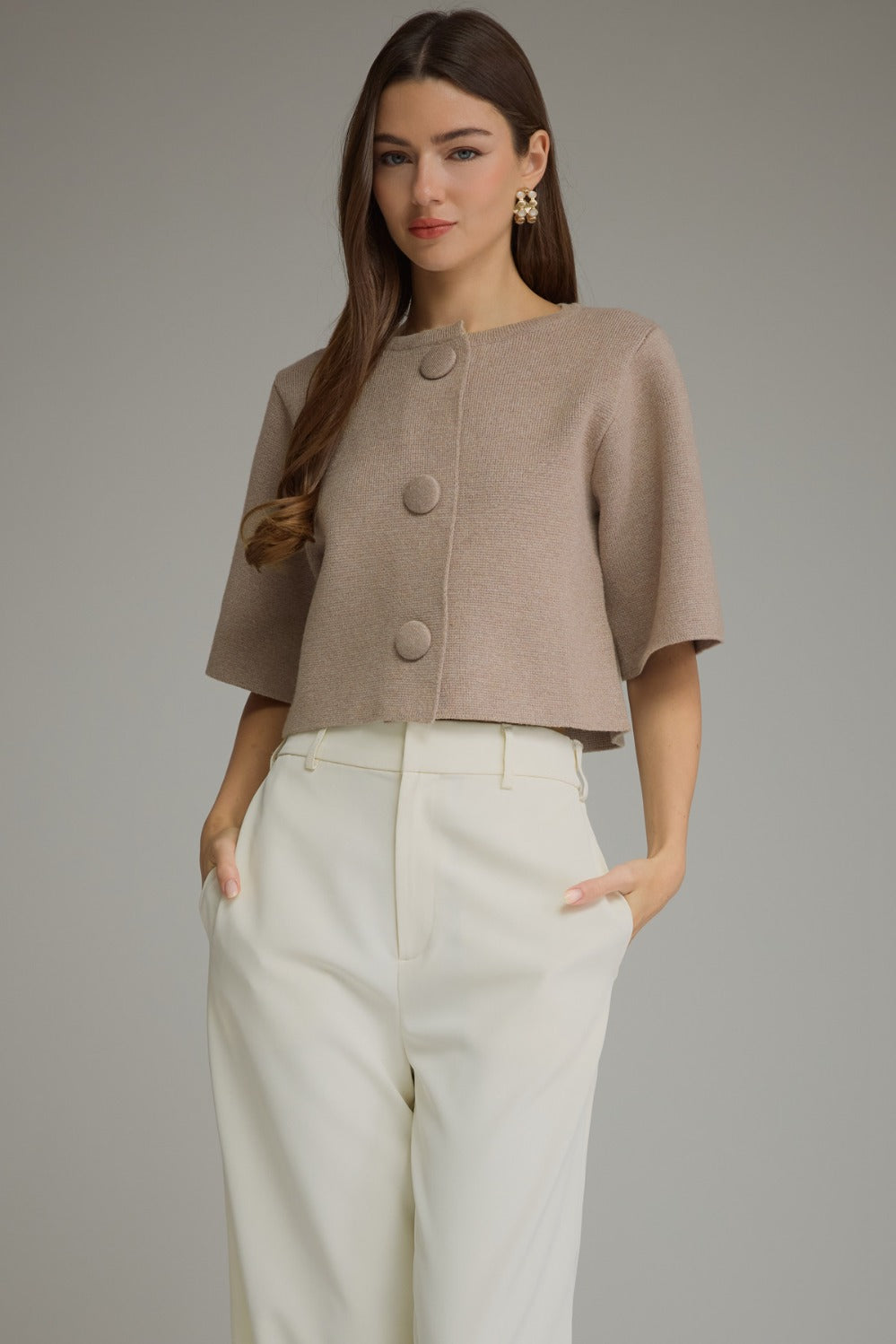 Entro Solid Short Sleeve Button Front Sweater Jacket in Light Mocha