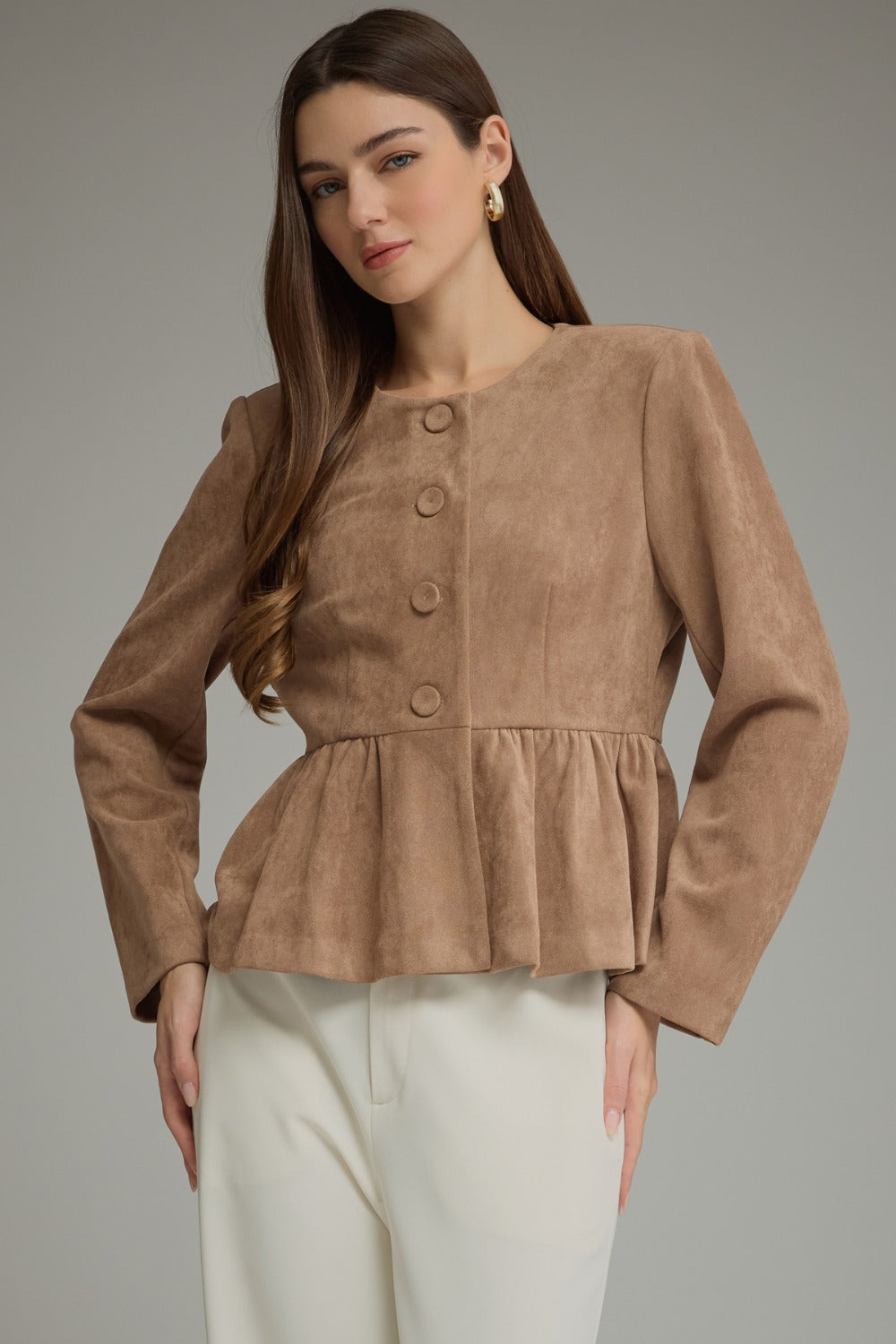 Entro Peplum Hem Button Front Jacket in Camel