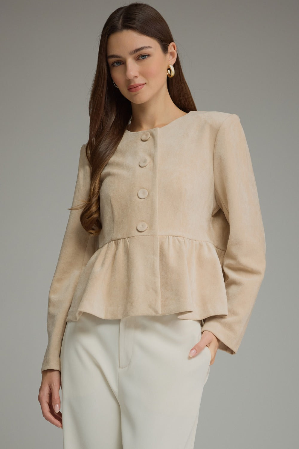 Entro Peplum Hem Button Front Jacket in Ecru