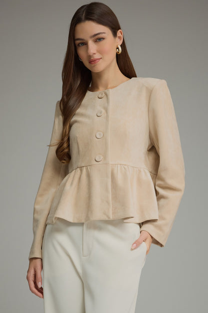 Entro Peplum Hem Button Front Jacket in Ecru