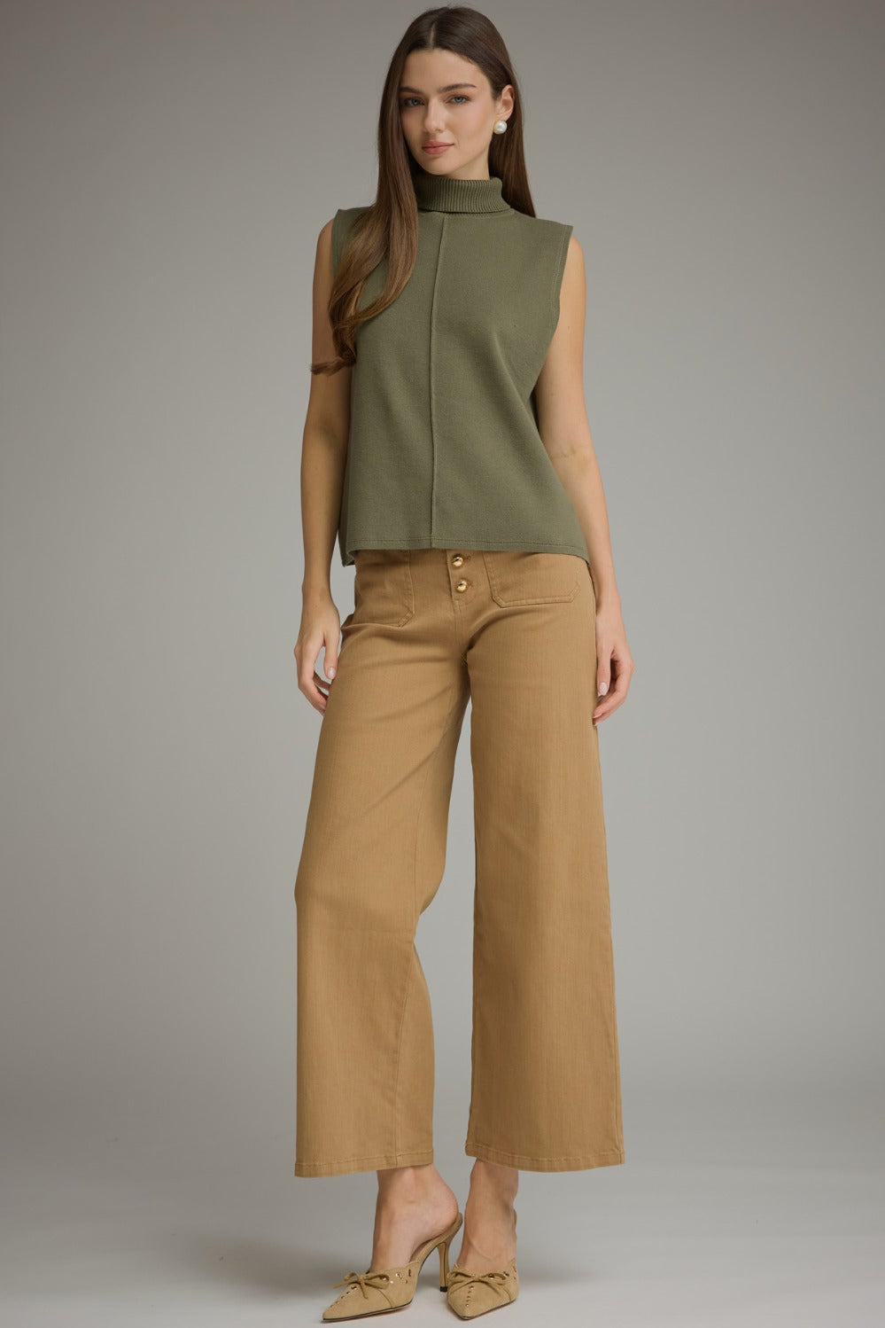 Entro Sleeveless Turtleneck Knit Top in Olive
