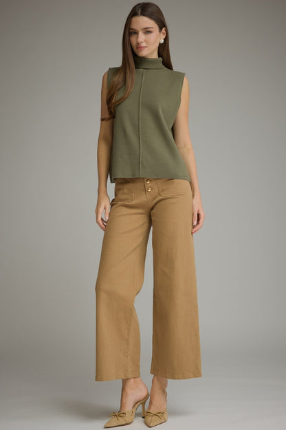Entro Sleeveless Turtleneck Knit Top in Olive