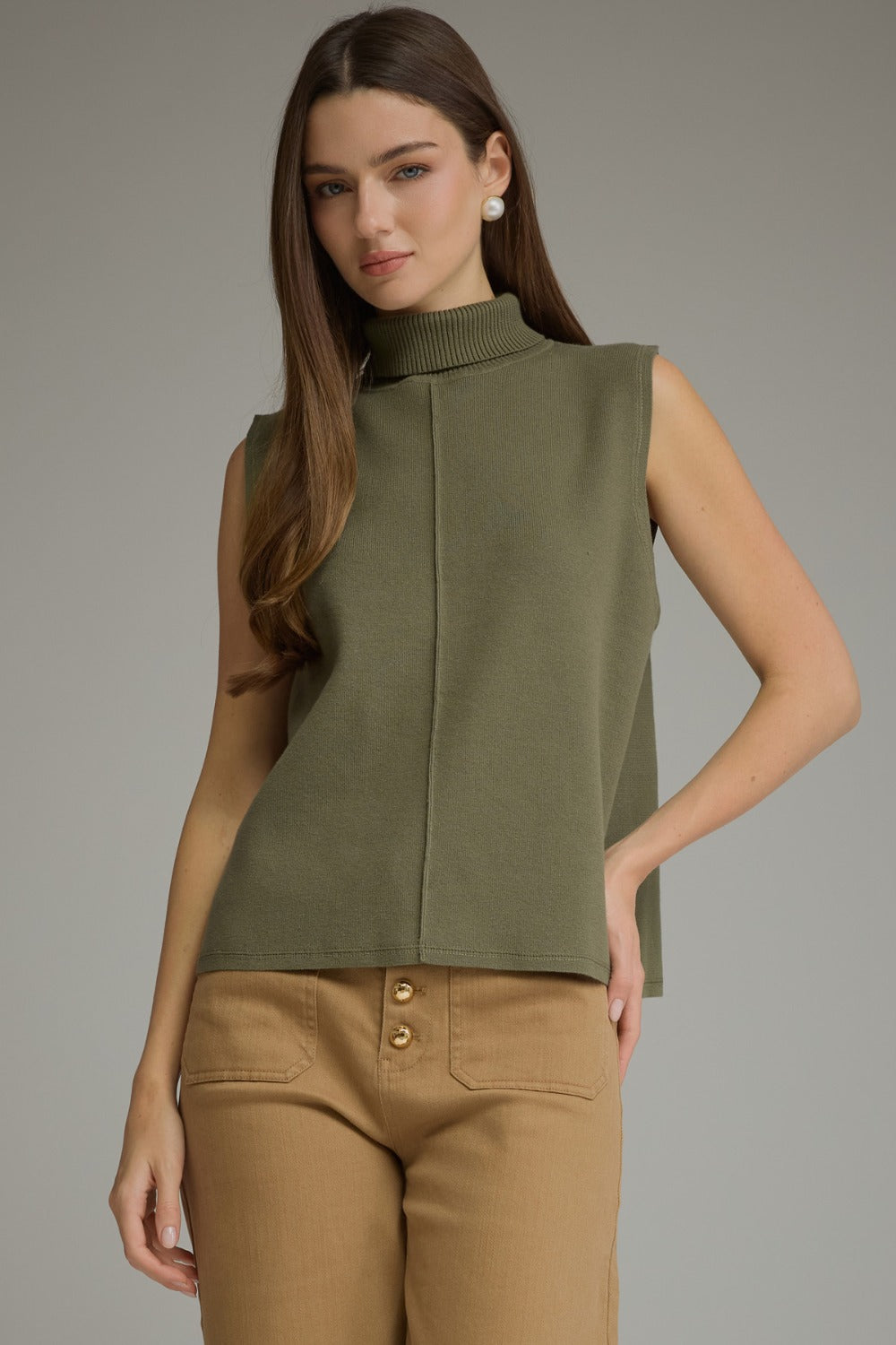 Entro Sleeveless Turtleneck Knit Top in Olive