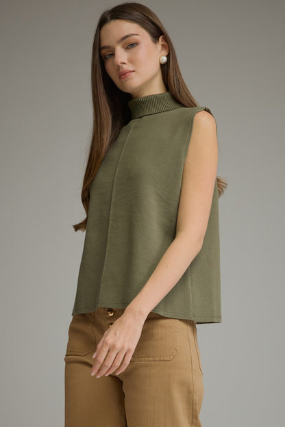 Entro Sleeveless Turtleneck Knit Top in Olive