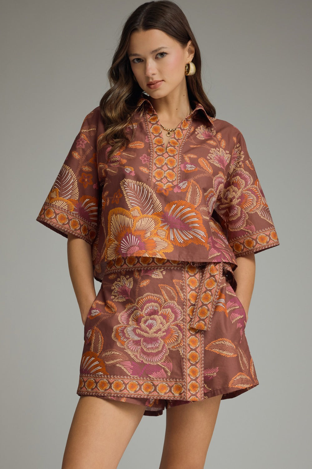 Entro Botanical Print Top and Wrap Skort Set in Terracotta