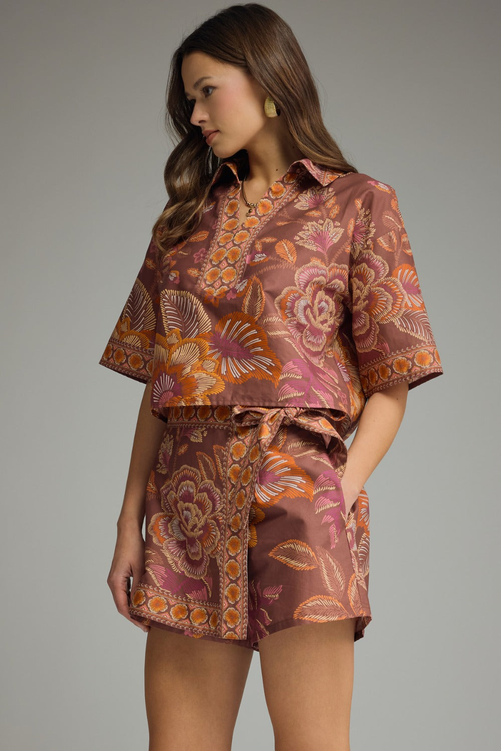 Entro Botanical Print Top and Wrap Skort Set in Terracotta