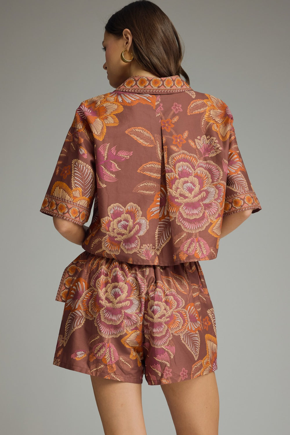 Entro Botanical Print Top and Wrap Skort Set in Terracotta
