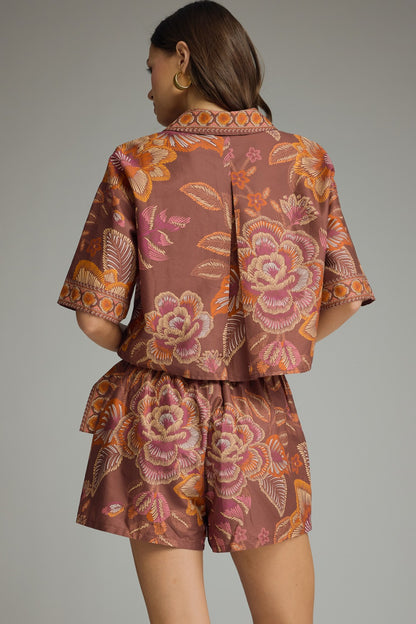 Entro Botanical Print Top and Wrap Skort Set in Terracotta