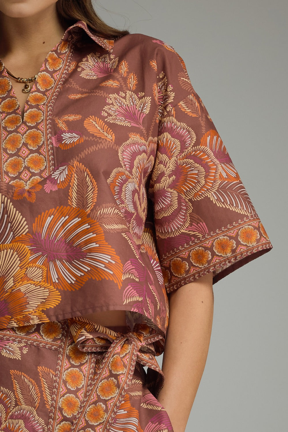Entro Botanical Print Top and Wrap Skort Set in Terracotta