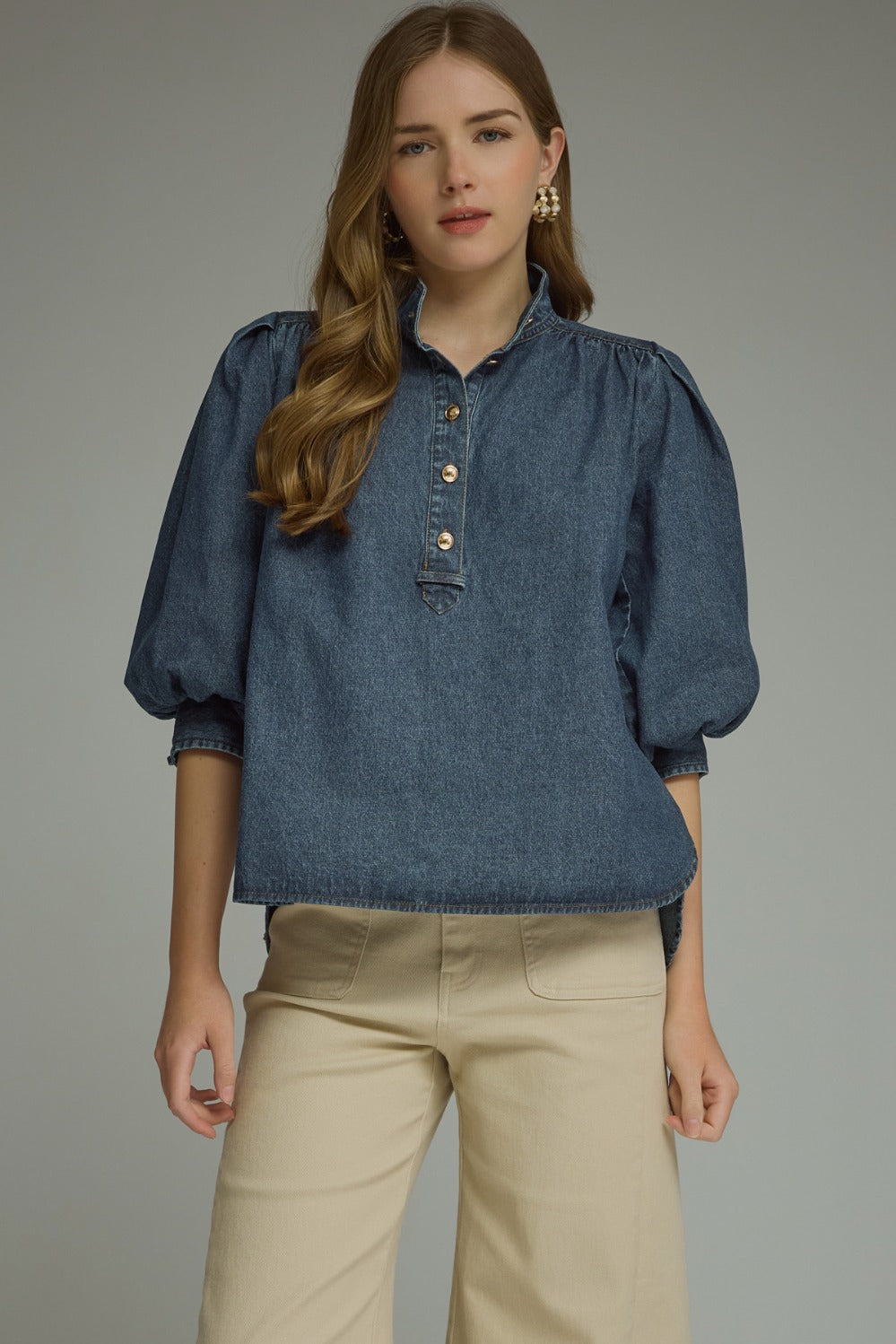 Entro Denim Puff Sleeve Top - Dark Denim