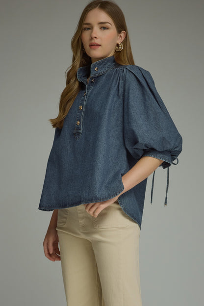 Entro Denim Puff Sleeve Top - Dark Denim