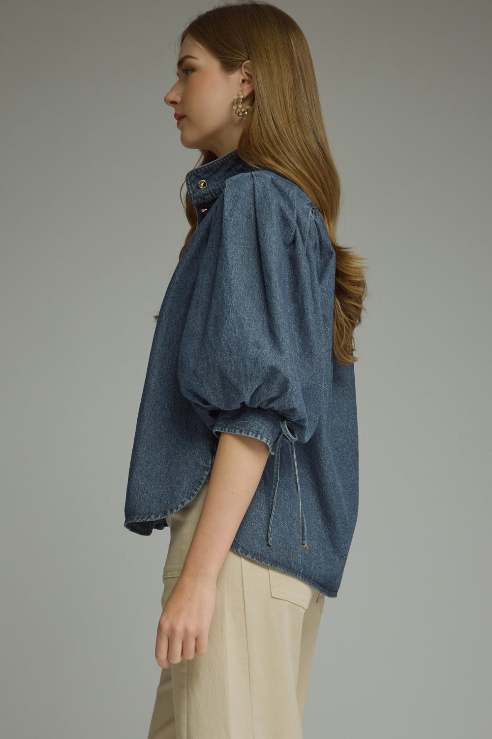 Entro Denim Puff Sleeve Top - Dark Denim