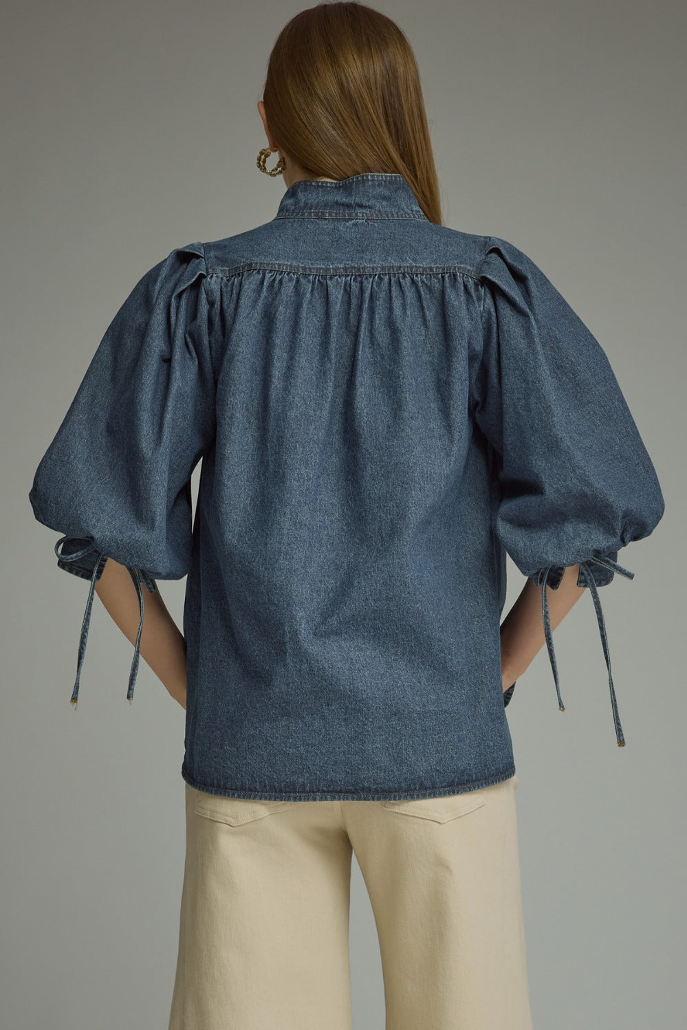 Entro Denim Puff Sleeve Top - Dark Denim