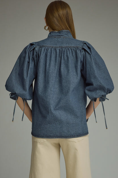 Entro Denim Puff Sleeve Top - Dark Denim