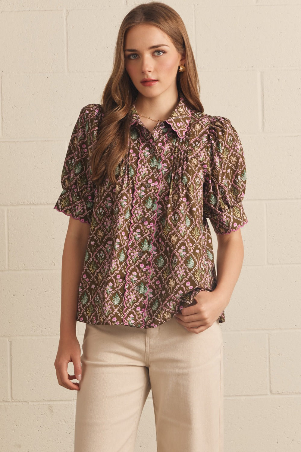 Entro Floral Pintuck Puff Sleeve Top - Brown