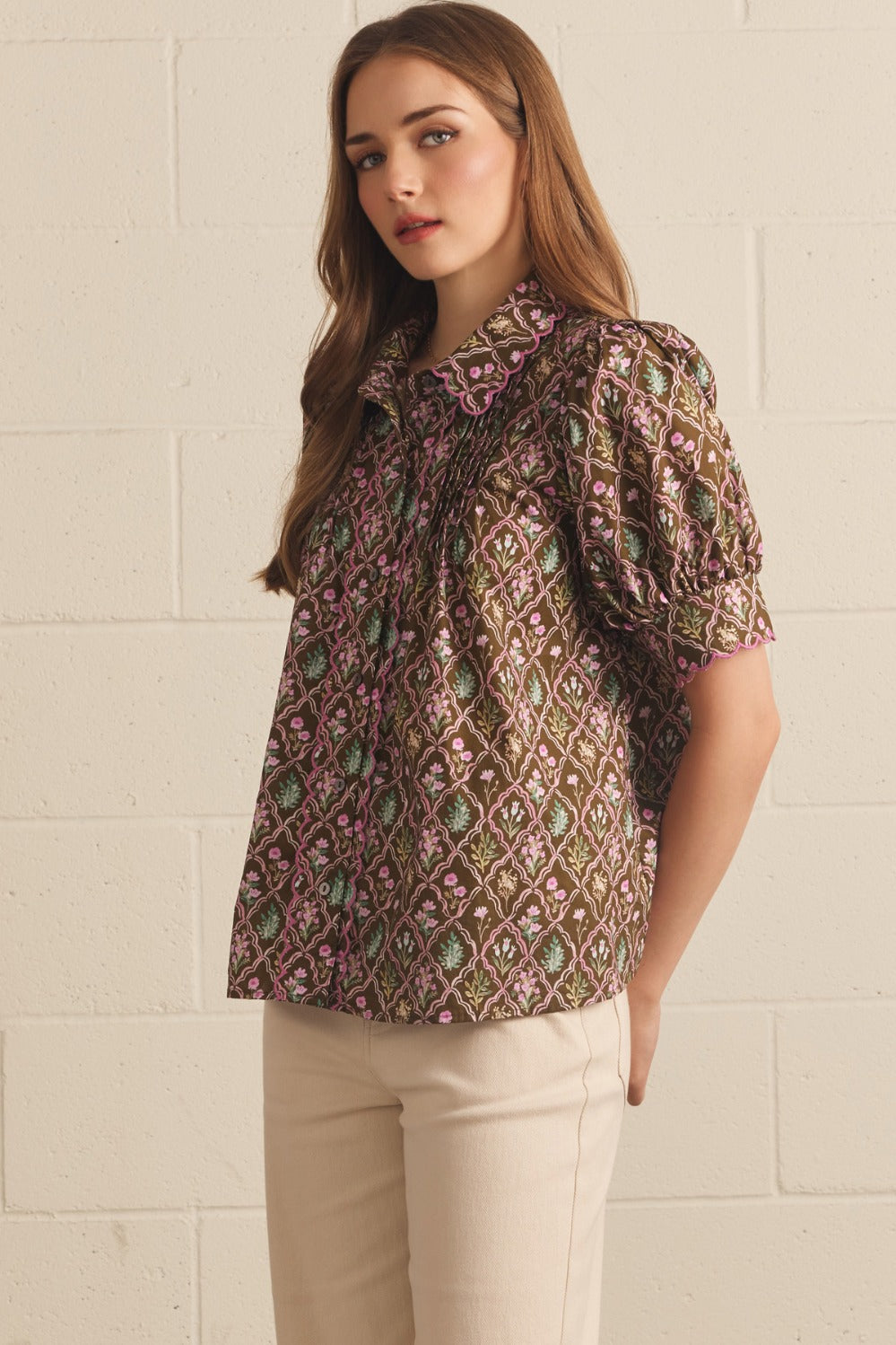 Entro Floral Pintuck Puff Sleeve Top - Brown