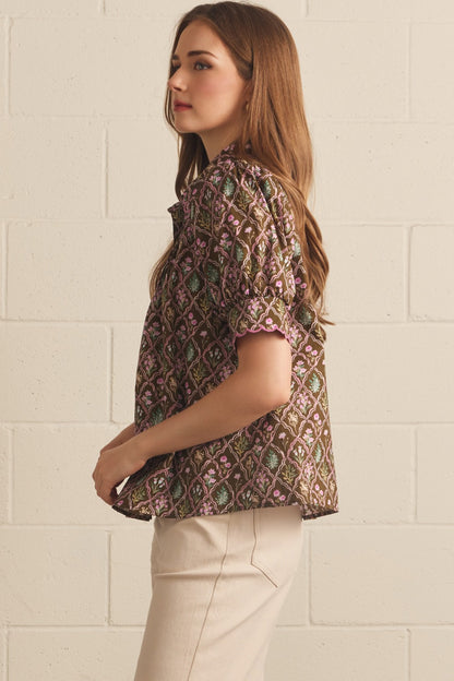 Entro Floral Pintuck Puff Sleeve Top - Brown