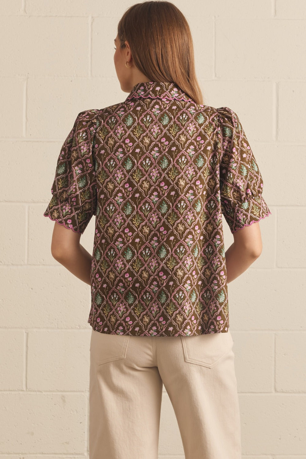 Entro Floral Pintuck Puff Sleeve Top - Brown