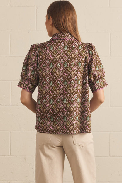 Entro Floral Pintuck Puff Sleeve Top - Brown