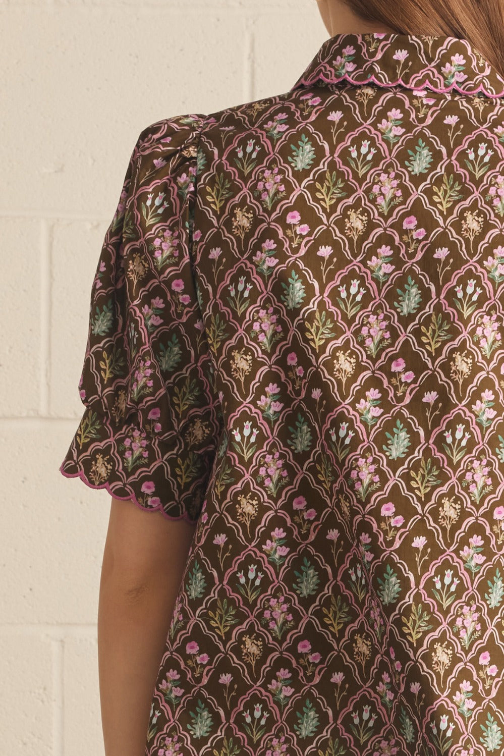 Entro Floral Pintuck Puff Sleeve Top - Brown