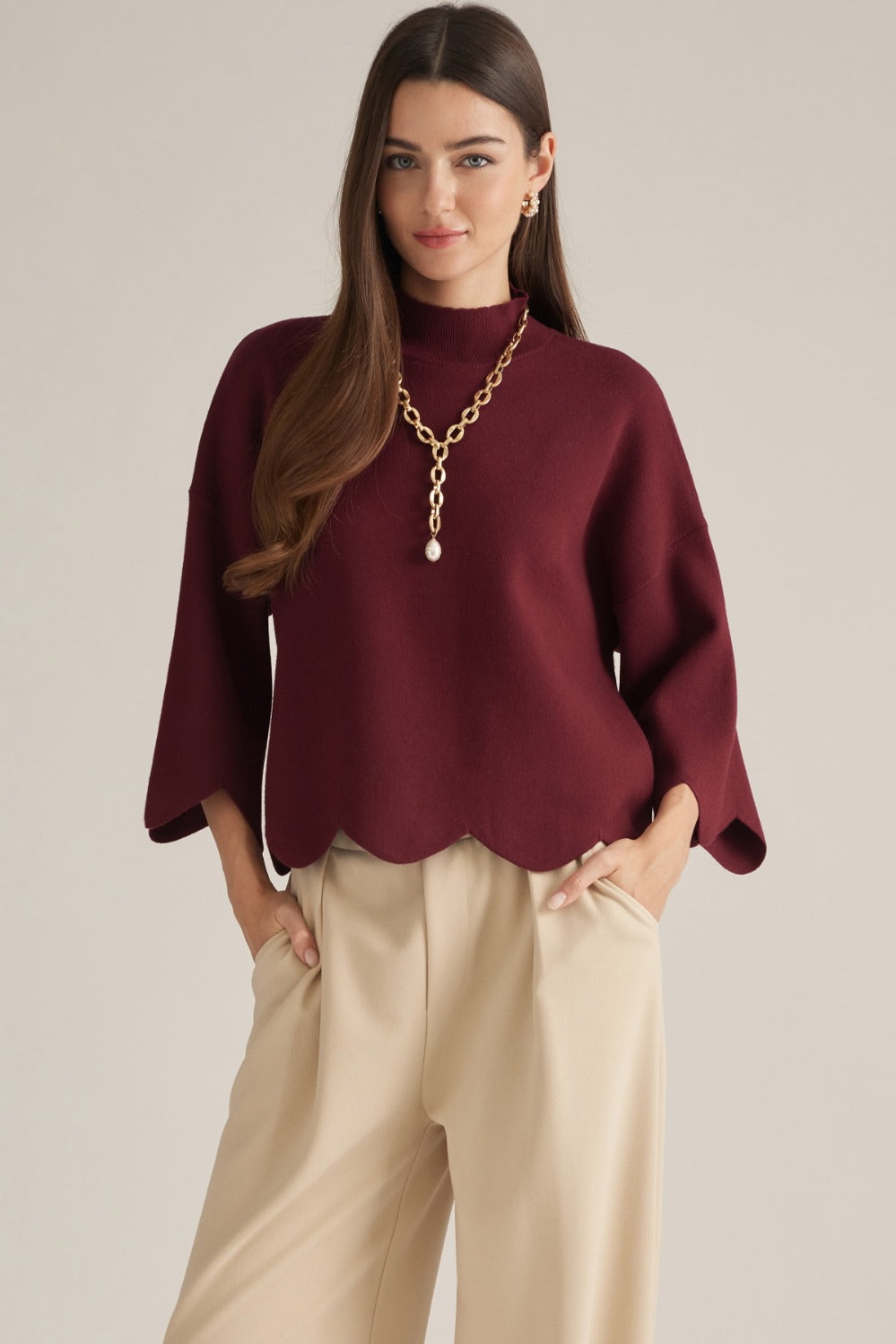 Entro Scalloped Hem Mock Neck Sweater Top in Merlot