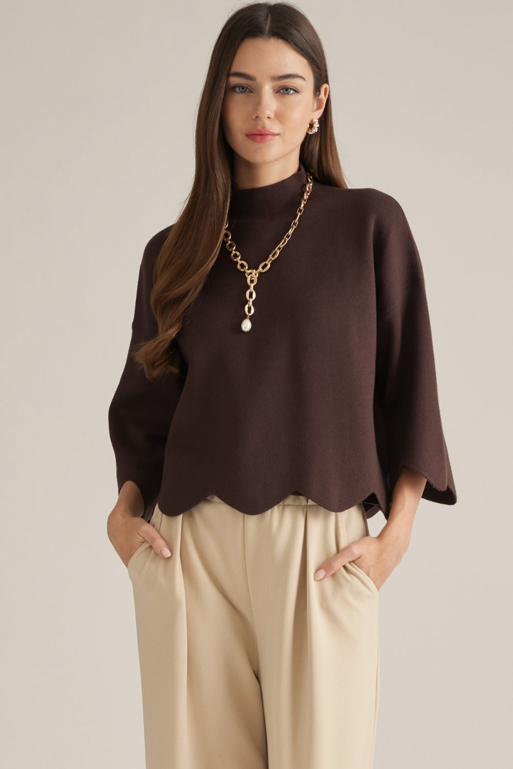 Entro Scalloped Hem Mock Neck Sweater Top in Brown